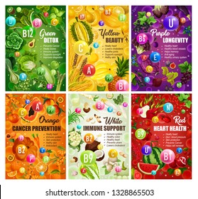 Color diet healthy food and vitamins in fruits and vegetables. Vector organic natural nutrition salads and berries, green detox or red heart health and citrus cancer prevention color diet