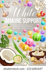 Color diet of immune support with white day vegetarian food ingredients. Vitamins and minerals in vegetables, fruits and nuts, cereal mushroom and spices. Health and dieting design