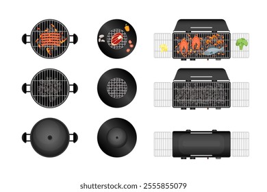 Color Different Barbecue Grill Top View with Coal and Empty Set Summer Party BBQ Picnic Concept . Vector illustration