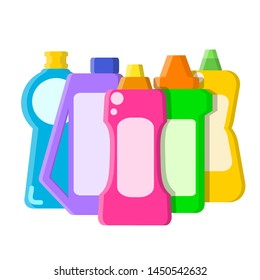 Color different bottles with shampoo, liquid soap and cleaner in flat style on white, stock vector illustration