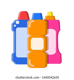 Color different bottles with shampoo, liquid soap and cleaner in flat style on white, stock vector illustration