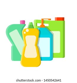 Color different bottles with shampoo, liquid soap and cleaner in flat style on white, stock vector illustration