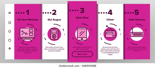 Color Different Devices Vector Onboarding Mobile App Page Screen. Laptop And Computer, Smartphone And Music Dynamic, Tv And Photo Video Camera Devices Linear Pictograms. Contour Illustrations