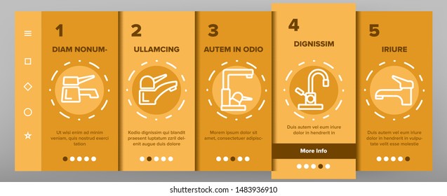 Color Different Faucet Vector. Onboarding Mobile App Page Screen Water Crane Faucet Assortment Linear Pictograms. Kitchen, Bathtub And Bathroom Equipment Construction Details Contour Illustrations
