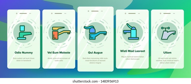 Color Different Faucet Vector. Onboarding Mobile App Page Screen Water Crane Faucet Assortment Linear Pictograms. Kitchen, Bathtub And Bathroom Equipment Construction Details Contour Illustrations