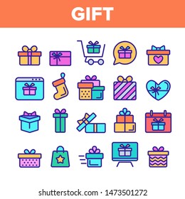 Color Different Gift Sign Icons Set Vector Thin Line. New Year And Birthday Surprise Presents In Box And Gift Wrapping Assortment Linear Pictograms. Christmas Sock Contour Illustrations