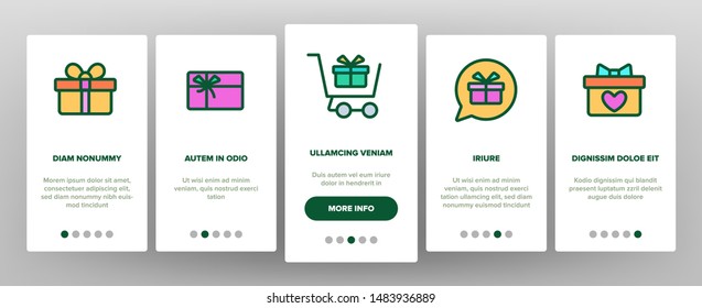 Color Different Gift Sign Icons Set Vector Onboarding Mobile App Page Screen. New Year And Birthday Surprise Presents In Box And Gift Wrapping Assortment. Christmas Sock Illustrations
