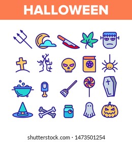 Color Different Halloween Icons Set Vector Thin Line. Pumpkin And Skull, Hat And Broomstick, Zombie And Ghost Halloween Element Assortment Decoration Linear Pictograms. Contour Illustrations