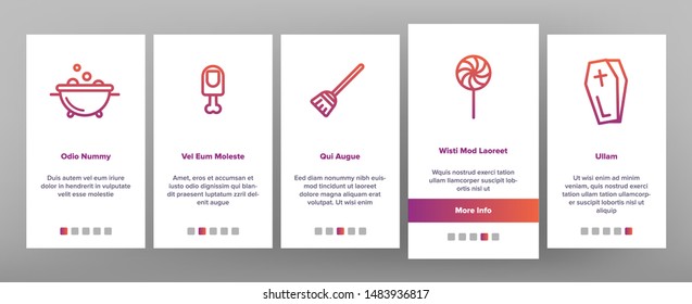 Color Different Halloween Icons Set Vector Onboarding Mobile App Page Screen. Pumpkin And Skull, Hat And Broomstick, Zombie And Ghost Halloween Assortment Decoration. Illustrations