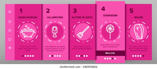 Color Different Halloween Icons Set Vector Onboarding Mobile App Page Screen. Pumpkin And Skull, Hat And Broomstick, Zombie And Ghost Halloween Assortment Decoration. Illustrations