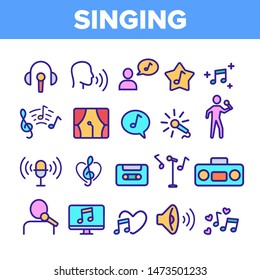 Color Different Singing Icons Set Vector Thin Line. Singing And Listening Song And Music In Karaoke, Concert, Tape-recorder Or Audiophone Linear Pictograms. Contour Illustrations