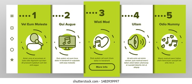 Color Different Singing Icons Set Vector Onboarding Mobile App Page Screen. Singing And Listening Song And Music In Karaoke, Concert, Tape-recorder Or Audiophone. Illustrations