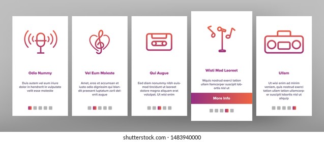 Color Different Singing Icons Set Vector Onboarding Mobile App Page Screen. Singing And Listening Song And Music In Karaoke, Concert, Tape-recorder Or Audiophone. Illustrations