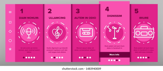 Color Different Singing Icons Set Vector Onboarding Mobile App Page Screen. Singing And Listening Song And Music In Karaoke, Concert, Tape-recorder Or Audiophone. Illustrations