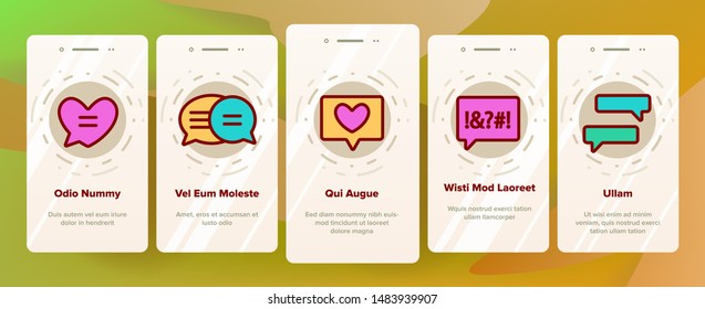 Color Different SMS Message Icons Set Vector Onboarding Mobile App Page Screen. Conversation Service, SMS Message, Notification, Group Chat Assortment Linear Pictograms. Contour Illustrations