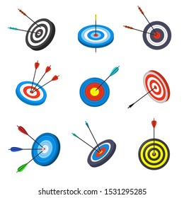 Color Different Types Targets with Arrows Icon Set Symbol of Success and Accuracy in Competition or Business. Vector illustration of Icons