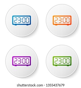 Color Digital alarm clock icon isolated on white background. Electronic watch alarm clock. Time icon. Set color icon in circle buttons. Vector Illustration