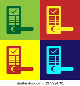 Color Digital door lock with wireless technology for unlock icon isolated on color backgrounds. Door handle sign. Security smart home of concept. Vector Illustration