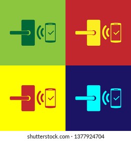 Color Digital door lock with wireless technology for unlock icon isolated on color backgrounds. Door handle sign. Security smart home of concept. Vector Illustration