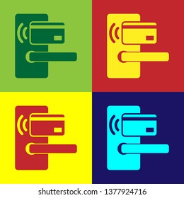 Color Digital door lock with wireless technology for unlock icon isolated on color backgrounds. Door handle sign. Security smart home of concept. Vector Illustration