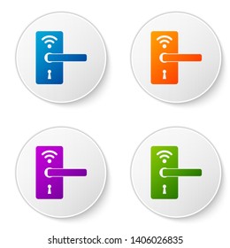 Color Digital door lock with wireless technology for unlock icon isolated on white background. Door handle sign. Security smart home of concept. Set icons in circle buttons. Vector Illustration