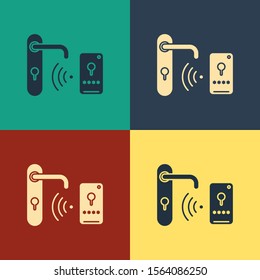 Color Digital door lock with wireless technology for unlock icon isolated on color background. Door handle sign. Security smart home. Vintage style drawing. Vector Illustration