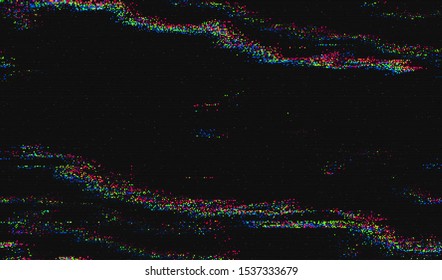 Color digital noise on a dark background. Wallpaper glitch texture. Distortion of a damaged video image. Vector illustration.