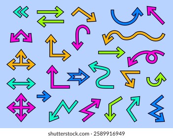Color Directional Arrows. Bright Lines Sign Directions Right Left Down Curved, Backward, zigzag. Isolated Vector Hand Drawn. Concept pointer symbol