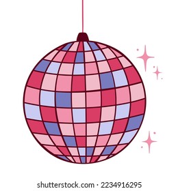 Color disco ball with lights vector flat illustration. Club decoration element. Party sparkling sphere. Design element for poster, card, sticker, logo, advertising