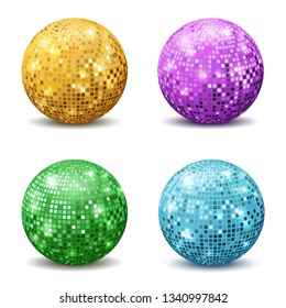 Color disco balls. Realistic reflection ball mirrored disco party silver glitter equipment retro halo rays shining mirrorball isolated vector set