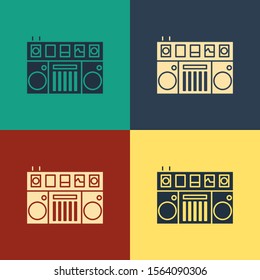 Color DJ remote for playing and mixing music icon isolated on color background. DJ mixer complete with vinyl player and remote control. Vintage style drawing. Vector Illustration