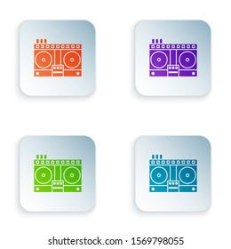 Color DJ remote for playing and mixing music icon isolated on white background. DJ mixer complete with vinyl player and remote control. Set icons in square buttons. Vector Illustration