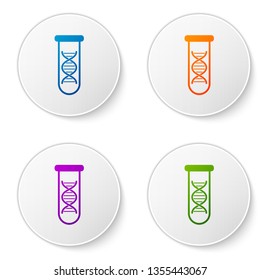 Color DNA research, search icon isolated on white background. Genetic engineering, genetics testing, cloning, paternity testing. Set icons in circle buttons. Vector Illustration