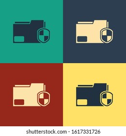 Color Document folder protection concept icon isolated on color background. Confidential information and privacy idea, guard, shield. Vintage style drawing. Vector Illustration