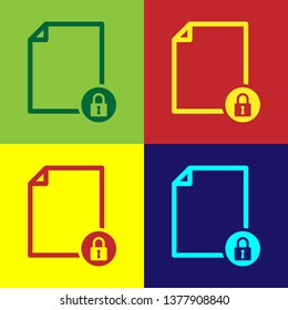 Color Document and lock icon isolated on color backgrounds. File format and padlock. Security, safety, protection concept. Vector Illustration