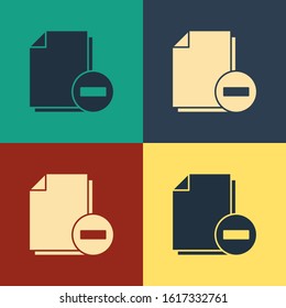 Color Document with minus icon isolated on color background. Clear document. Remove file document. Delete information file. Vintage style drawing. Vector Illustration
