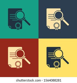 Color Document with search icon isolated on color background. File and magnifying glass icon. Analytics research sign. Vintage style drawing. Vector Illustration