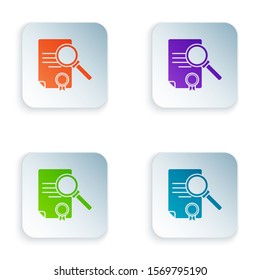 Color Document with search icon isolated on white background. File and magnifying glass icon. Analytics research sign. Set icons in square buttons. Vector Illustration