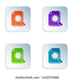 Color Document with search icon isolated on white background. File and magnifying glass icon. Analytics research sign. Set icons in square buttons. Vector Illustration