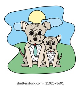 color dog animal with tie and his son in the landscape