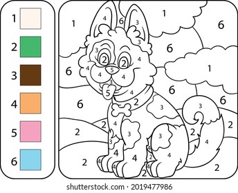 Color dog by numbers. Cartoon Coloring Book for Kids - Education Worksheet
