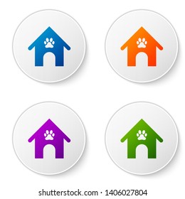 Color Dog house and paw print pet icon isolated on white background. Dog kennel. Set icons in circle buttons. Vector Illustration