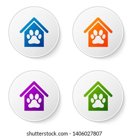 Color Dog house and paw print pet icon isolated on white background. Dog kennel. Set icons in circle buttons. Vector Illustration