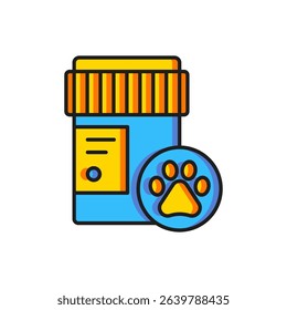 Color Dog medicine bottle icon isolated on white background. Container with pills. Prescription medicine for animal. Flat filled outline style with shadow. Vector