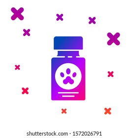 Color Dog medicine bottle and pills icon isolated on white background. Container with pills. Prescription medicine for animal. Gradient random dynamic shapes. Vector Illustration