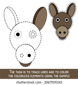 Color Donkey Face. Restore dashed lines. Color the picture elements. Page to be color fragments.