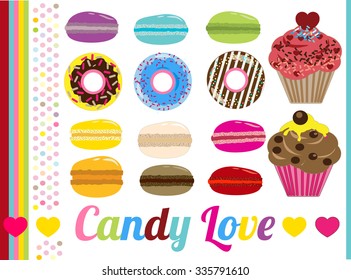 Color donuts, macaroons and muffine cupcakes