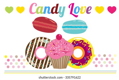Color donuts, macaroons and muffine cupcakes