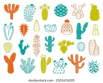 Color doodle cacti. Mexican desert cactus icons, south region flora elements. Decorative plants for home garden, vintage neoteric vector clipart