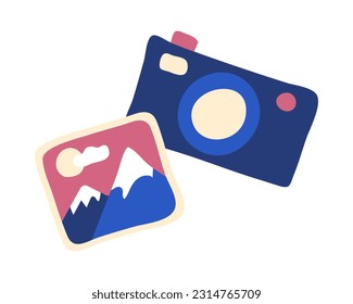 Color Doodle Camera and photography. Instant photo. Camera lens. Square photo with landscape. Capture the moment. Journey. Isolated items on a white background. Vector illustration.